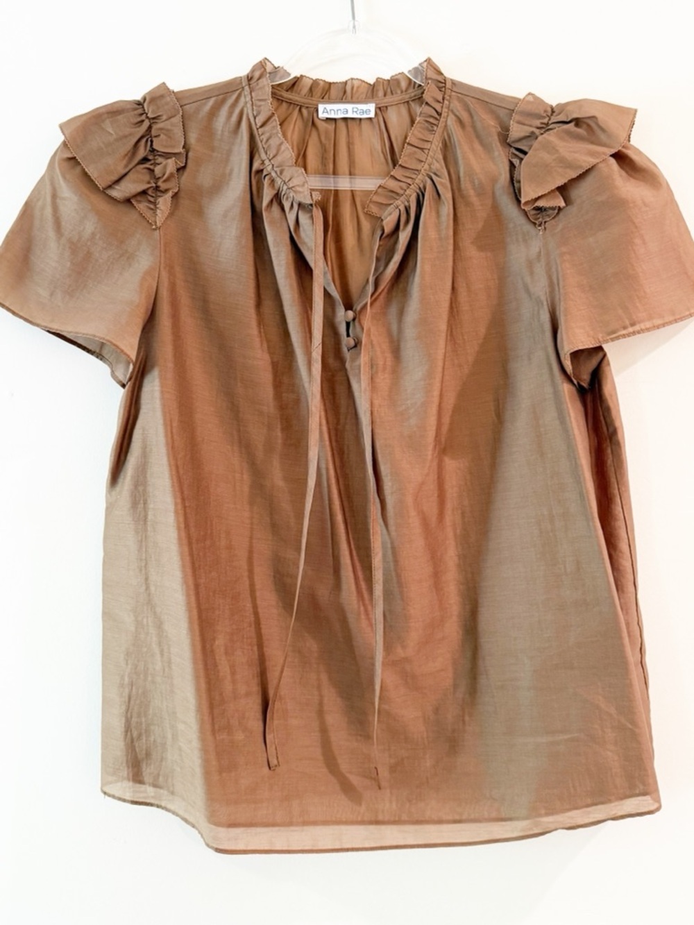 Anna Rae Taupe Brown Flutter Sleeve Ruffle Blouse - Picture 6 of 6